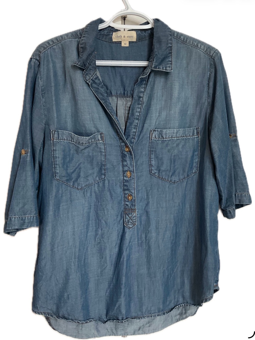 Cloth & Stone Chambray Tencel Henley Popover Top with roll tab sleeves - Blue